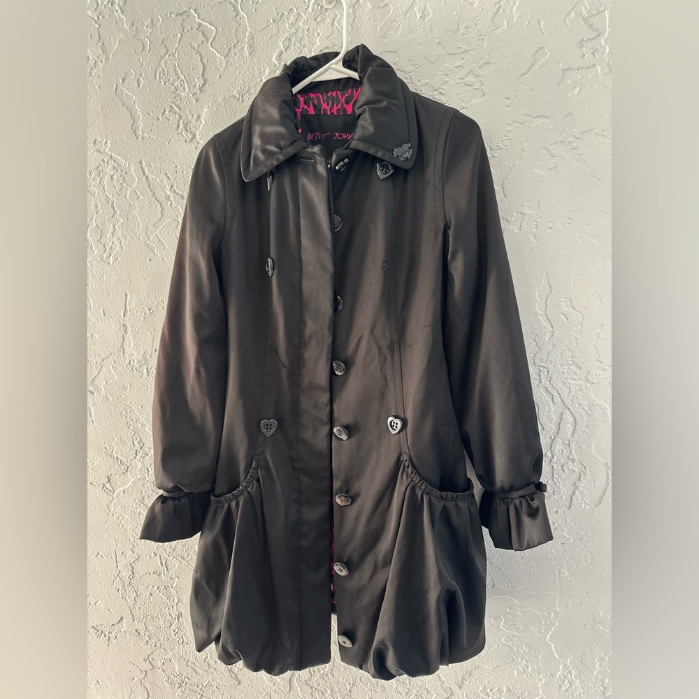 💘 Vintage Betsey Johnson Black Pea Coat w/ Pink Leopard Lining